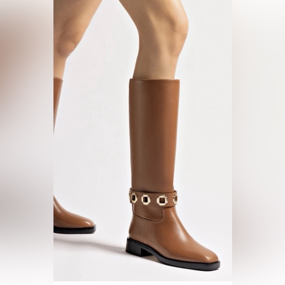 Larroudé Caramel Boots with Gold Accents